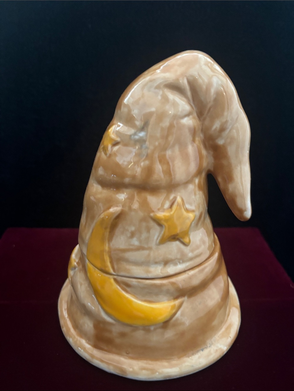 Tan Ceramic Trinket Wizard Hat with Yellow Moon & Stars